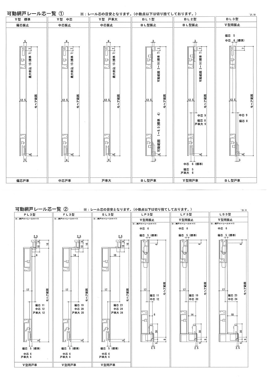 可動網戸レール芯一覧（PL3・FL3・SL3・LP3・LF3・LS3型）